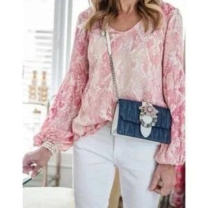 CAbi Bethany Blouse Snakeskin Python Print Pink Peach Balloon Sleeves Size Small